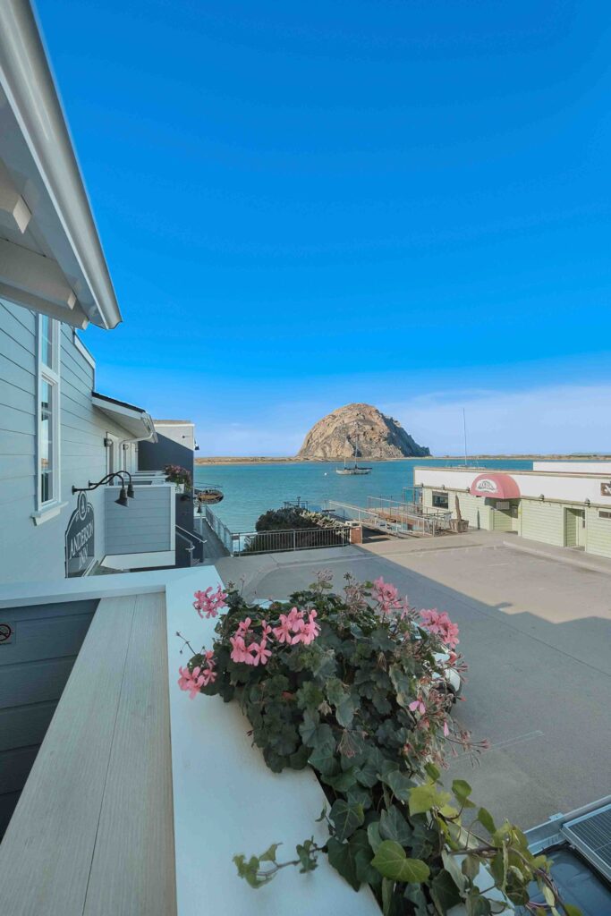 View from a balcony overlooking a coastal scene with pink flowers in the foreground. Below are buildings including businesses and a restaurant. In the background is a large, distinctive rock formation in the sea, with a clear blue sky above.