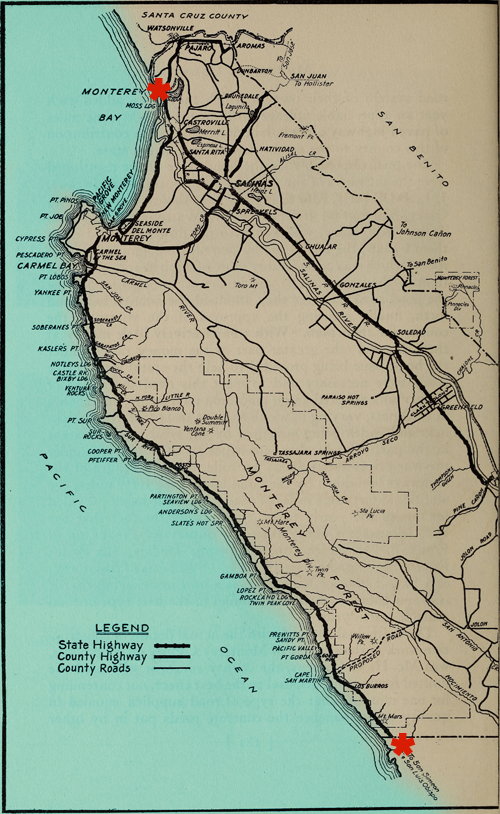 A vintage map showing Santa Cruz County, Monterey Bay, and adjacent areas. State highways, county highways, and county roads are marked with different lines. Two red stars denote Santa Cruz and Monterey. The Pacific Ocean is on the left side of the map.