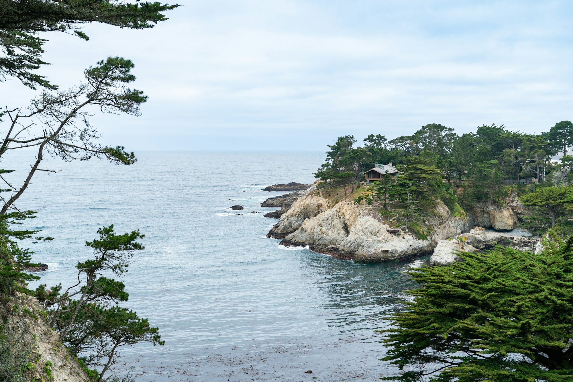 A coastal scene with a rocky cliff extending into the ocean, topped with lush green trees and a small house. The calm water is surrounded by rugged coastline and more greenery in the foreground. The sky is overcast with a blend of clouds.